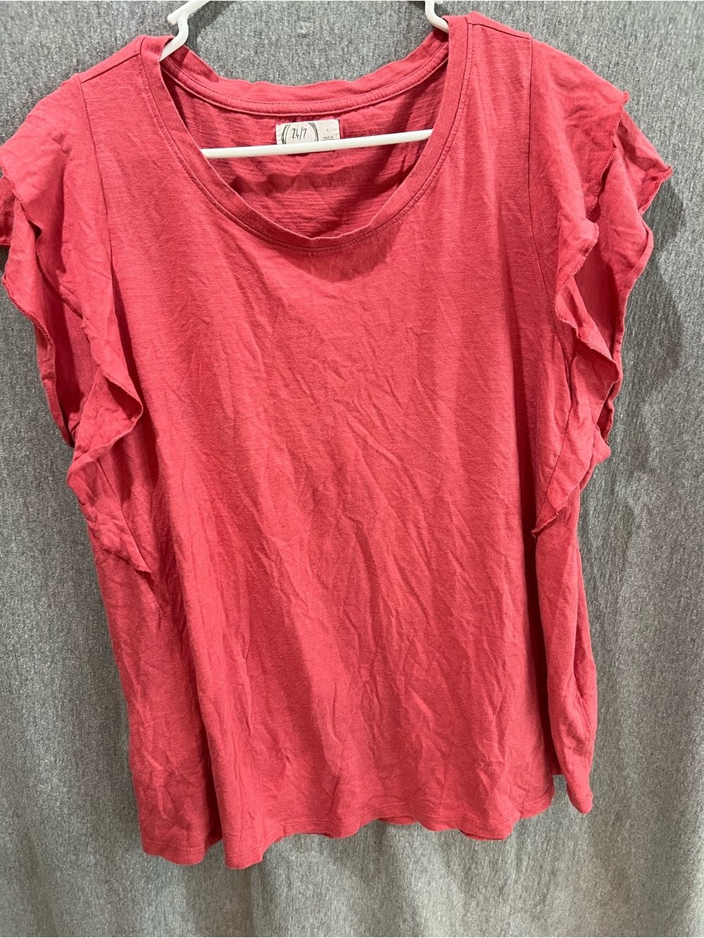 24/7 Maurices Coral Pink Ruffle Sleeve Blouse Scoop Neck Top Women Size 1